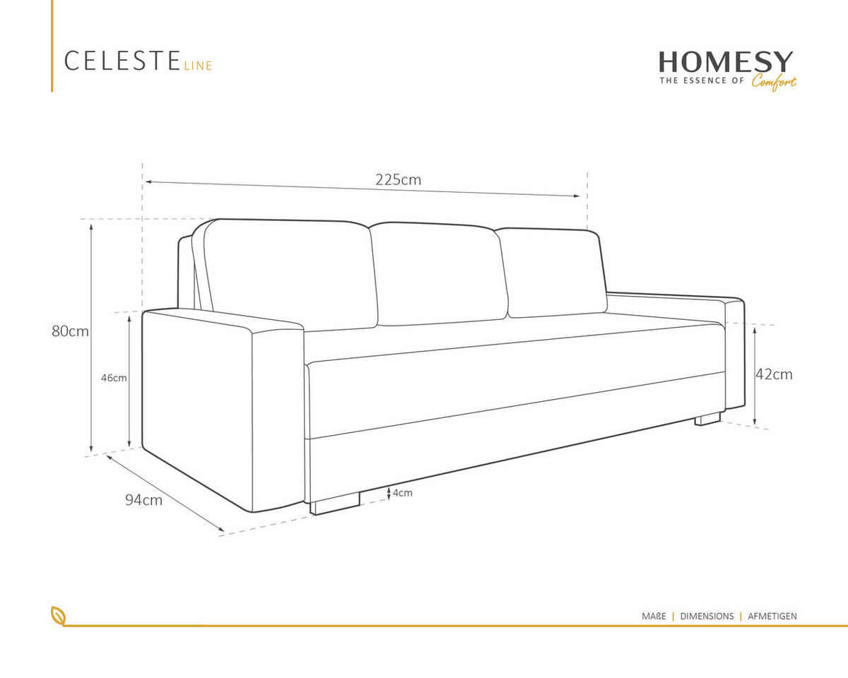 SCHLAFSOFA Celeste – modernes Design trifft auf höchsten Komfort, Grau - Grau, Holz (225/80/94cm) - Homesy
