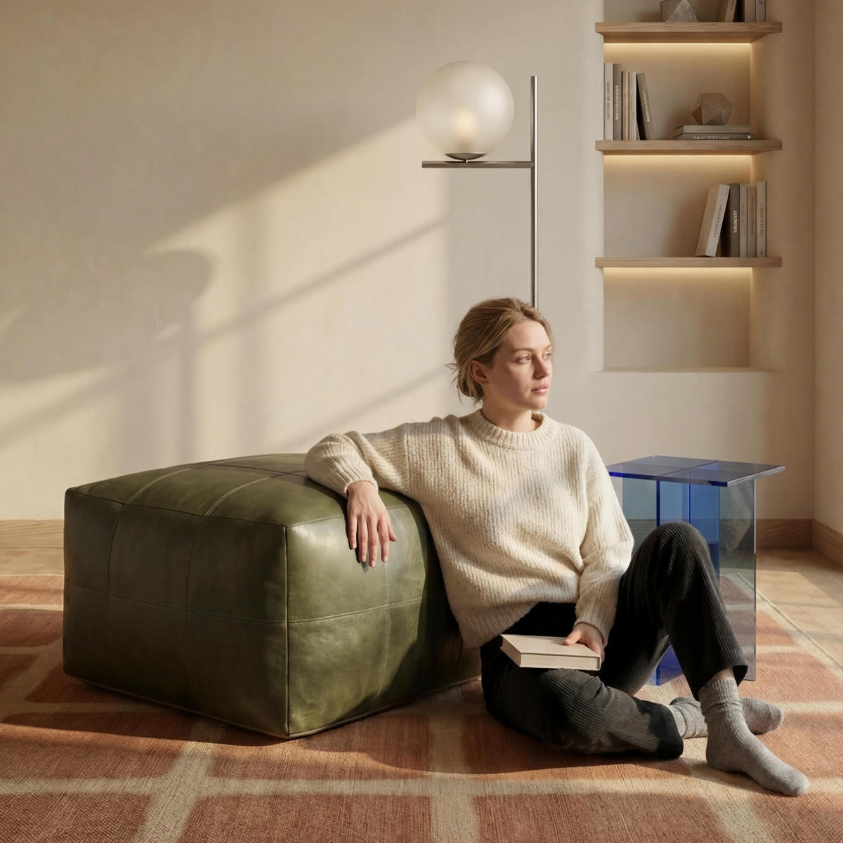 POUF 50/50/45 cm Echtleder Olivgrün - Grün, Leder (50/45/50cm) - Furnhouse