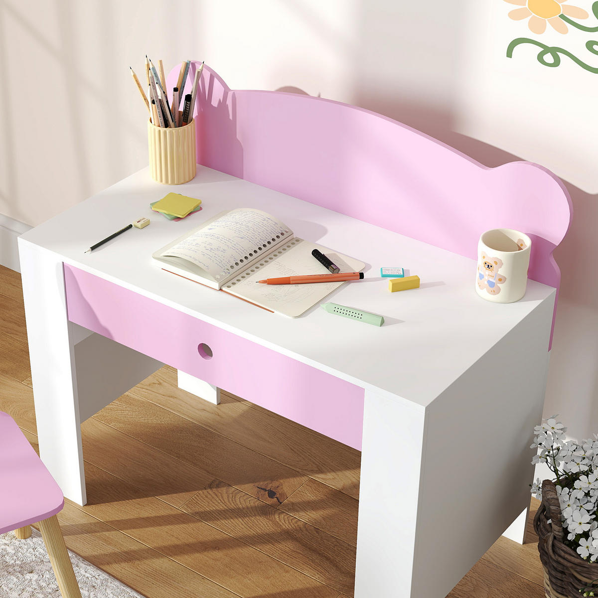 SCHREIBTISCH-SET DE-10473 mit Bärenform & Schublade Rosa - Pink, Holzwerkstoff (80/74.5/41cm) - ComfortXL