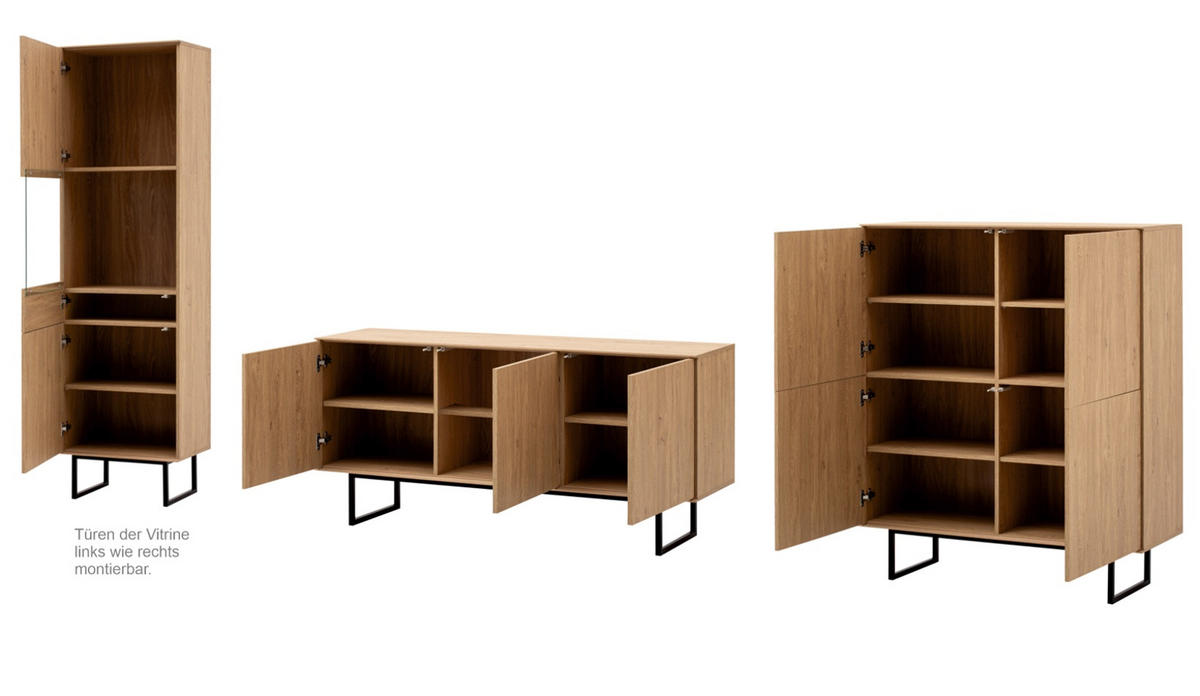 WOHNWAND Stone Eiche 3-teilig 353 cm, Wohnkombination mit Push-to-Open - Eichefarben/Schwarz, Holzwerkstoff/Metall (353/200/40cm) - Furn.Design