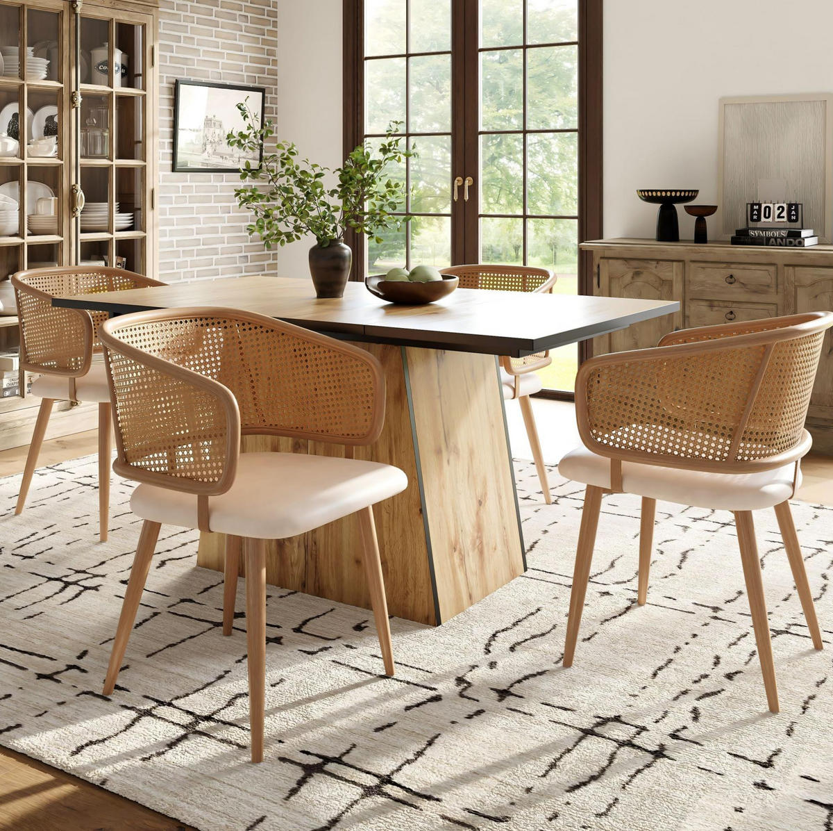 ESSZIMMERSTÜHLE 2er-Set Rattan-Rückenlehne PU-Leder Beige/Braun - Beige, Holz (51/79/47cm) - Meubliv