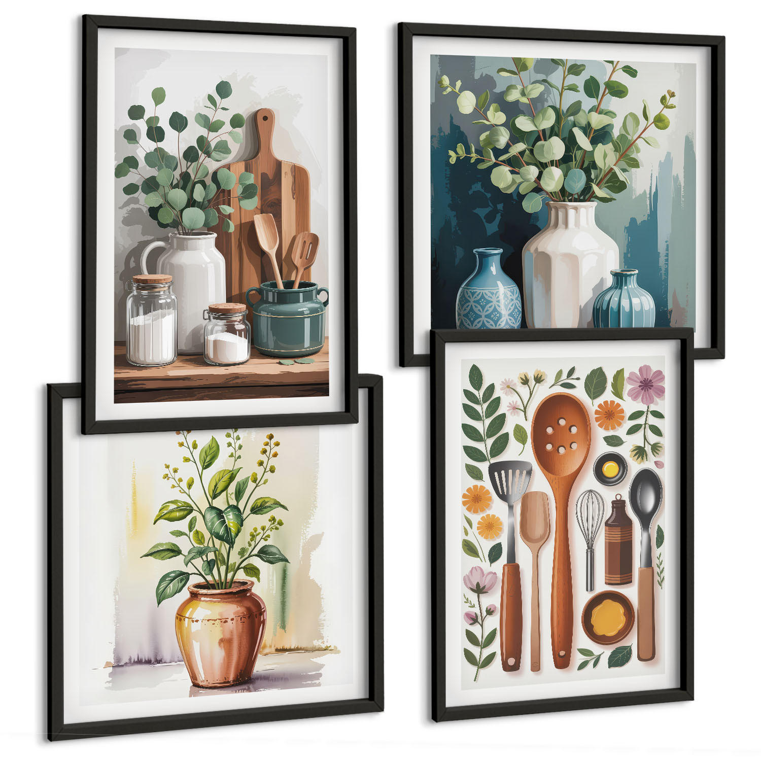 BILDER SET 4er Set - 50x50 cm & 40x60 cm Schwarzer Rahmen - Küchenaccessoires auf pflanzlicher Basis - Schwarz, Kunststoff (50/50cm) - TULUP