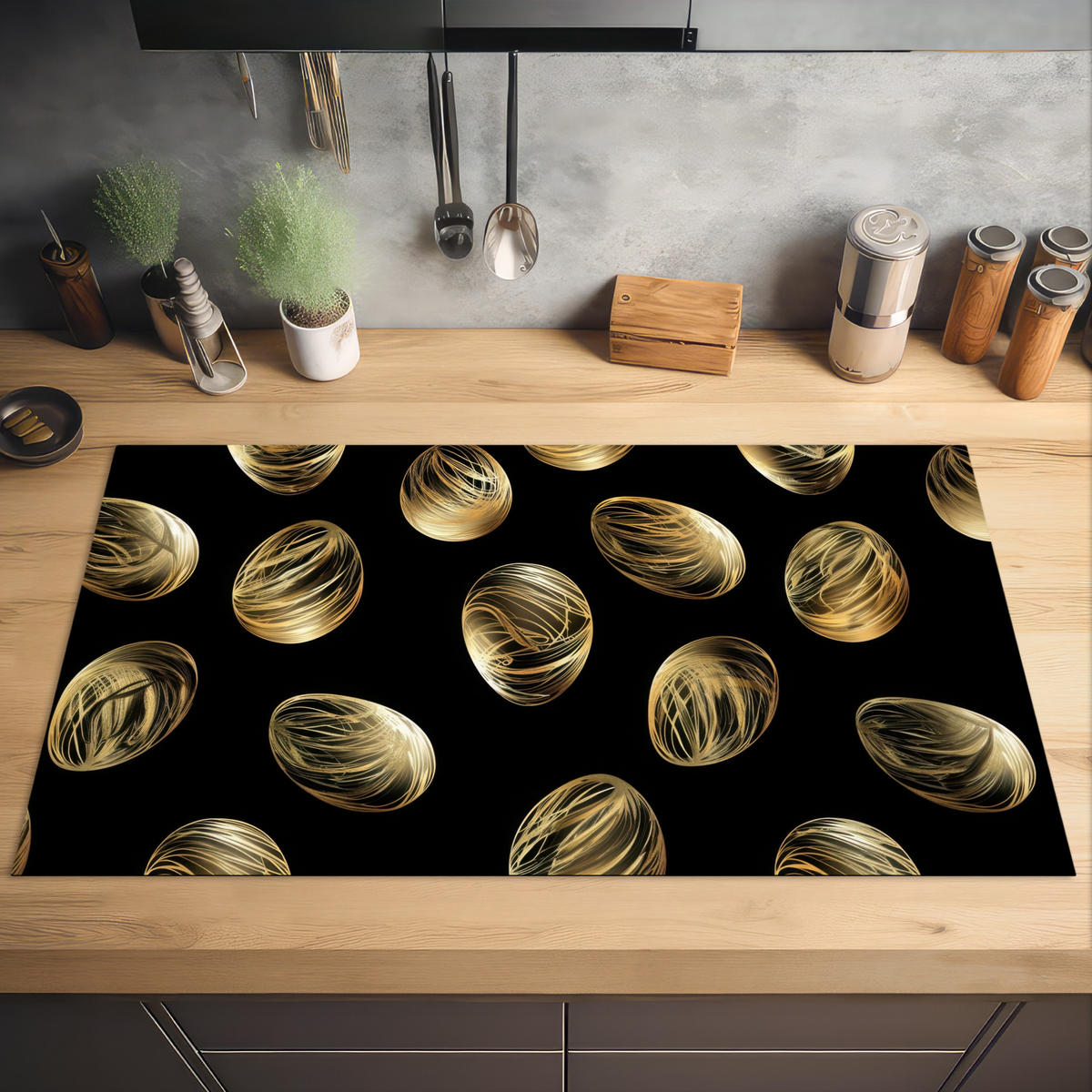 HERDABDECKPLATTE Eier - Gold - Muster Induktionsschutz 91.6x52.7 cm - Schwarz, Kunststoff (91.6/52.7/0.2cm) - MuchoWow