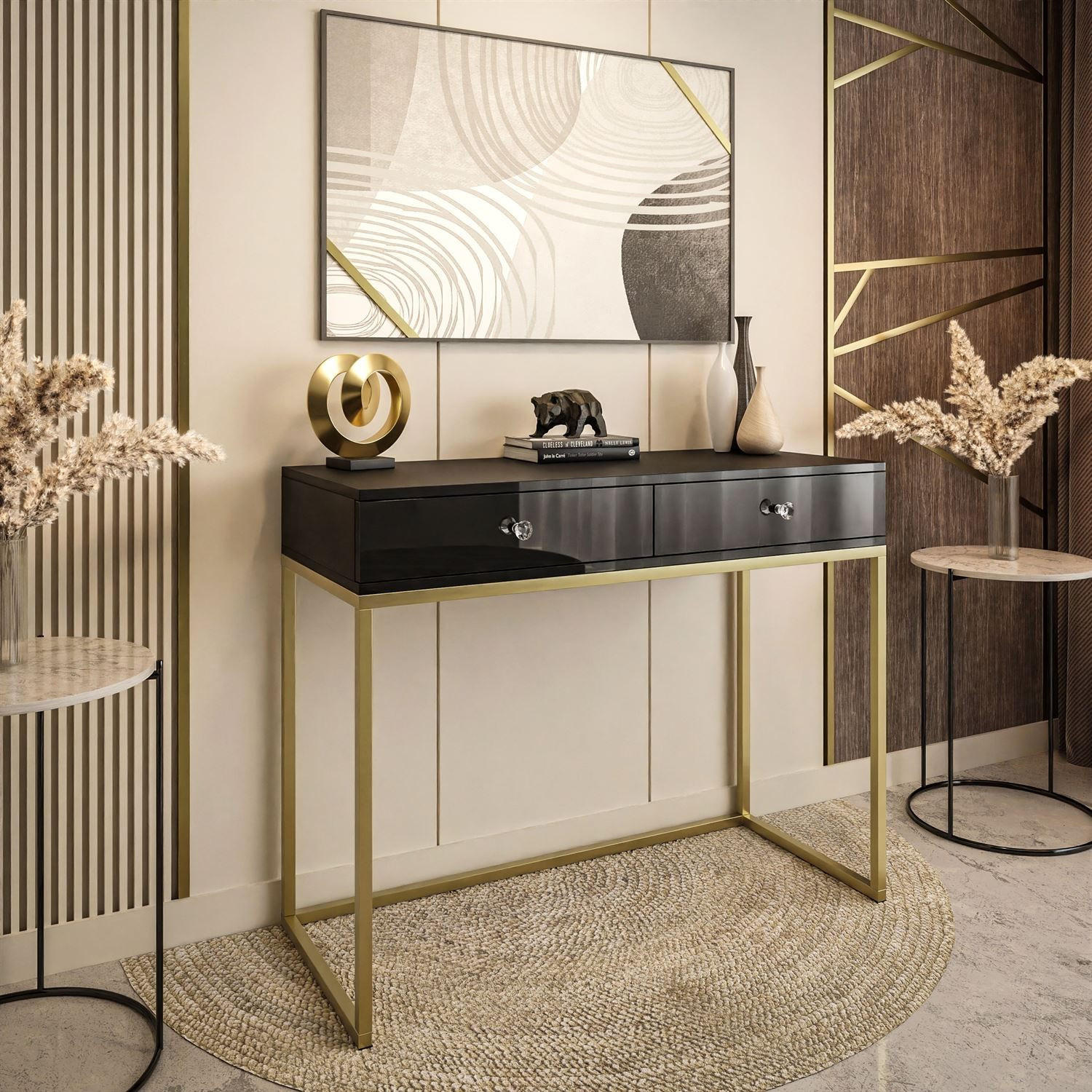 KONSOLE BLANCO GOLD II auf goldenem Gestell - Schwarz Hochglanz/Goldfarben, Holzwerkstoff (42/100/81cm) - Lookway