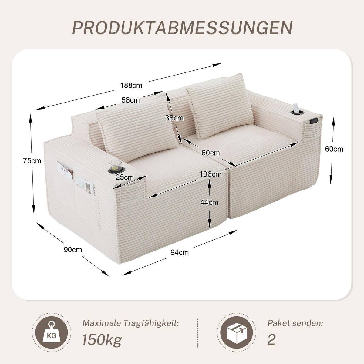 SOFA 2-Sitzer modular mit Getränkehaltern 188 cm Beige - Beige, Kunststoff (188/75/90cm) - Meubliv