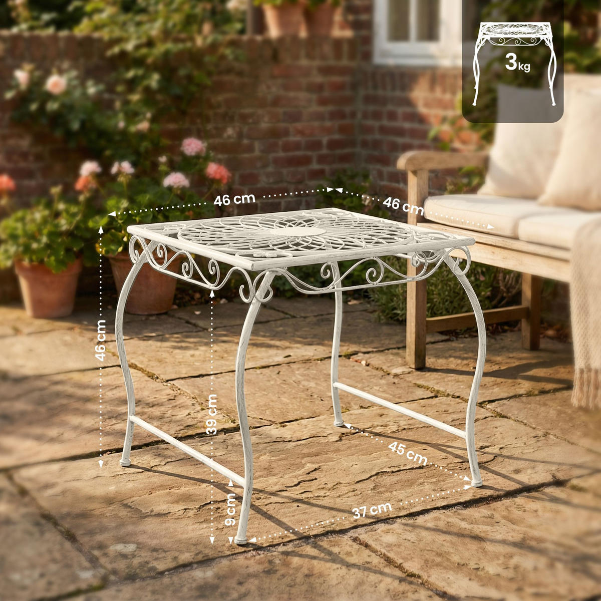 GARTENTISCH eckig 49/45/46 cm Metall Antik Weiß - Weiß, Metall (45/49/46cm) - CLP