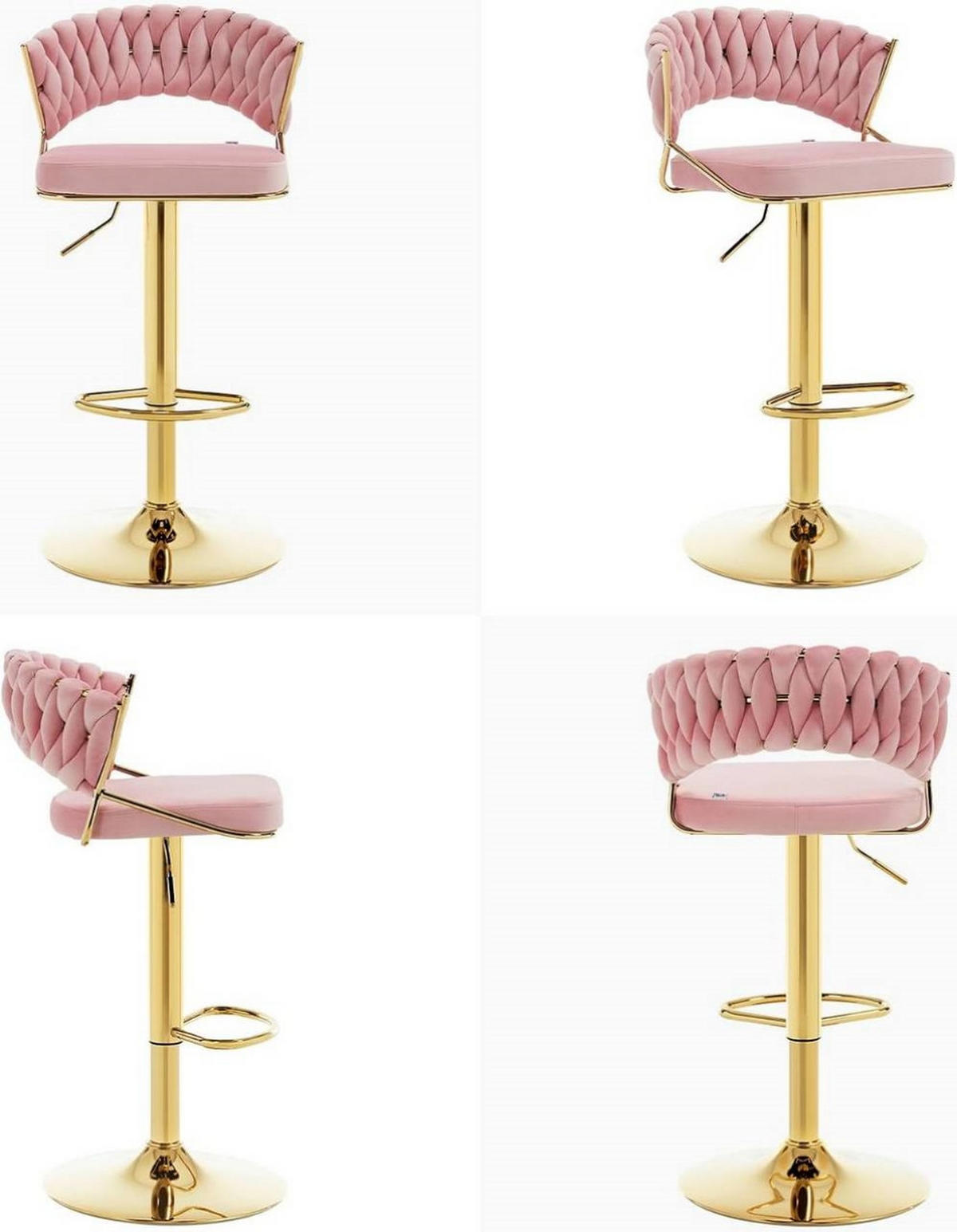 BARHOCKER 4er Set, mit geflochtener Rückenlehne, Samt, Rosa - Goldfarben/Rosa, Textil/Metall (48/83/46.5cm) - Woltu