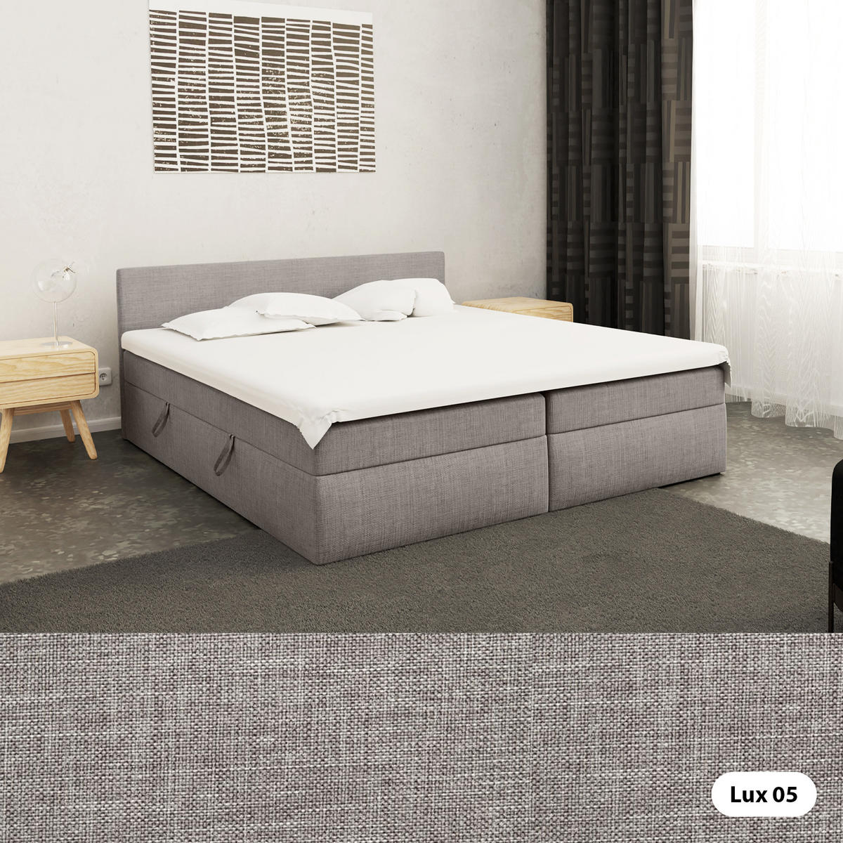 BOXBETT mit Kopfteil Menorca 200x200 cm, Hellgrau - Hellgrau, Textil (200/200cm) - Meblito