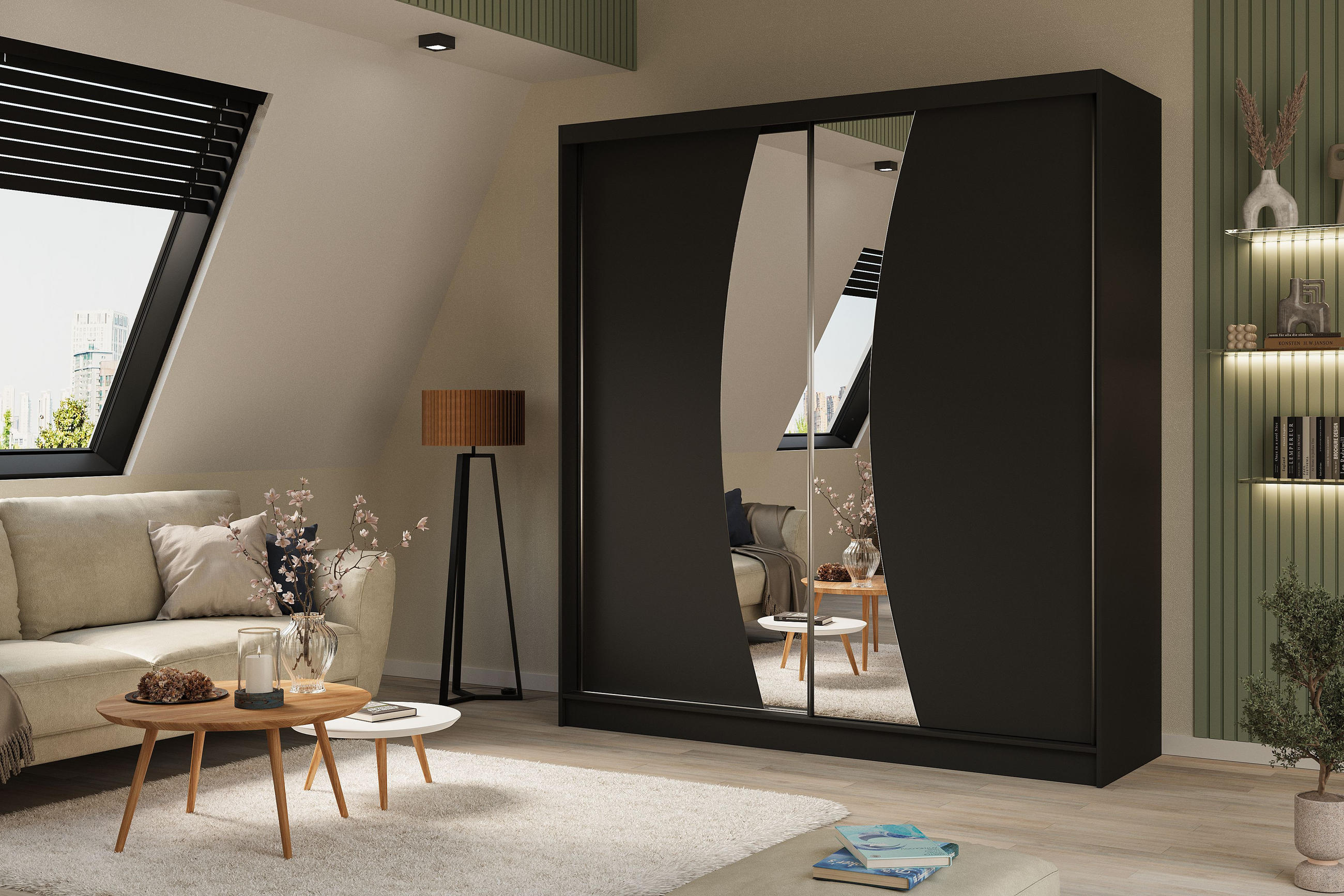 SCHWEBETÜRENSCHRANK VOCE 200/216/61 cm 2-türig mit Spiegel Schwarz - Schwarz, Holzwerkstoff (200/216/61cm) - MASSENO