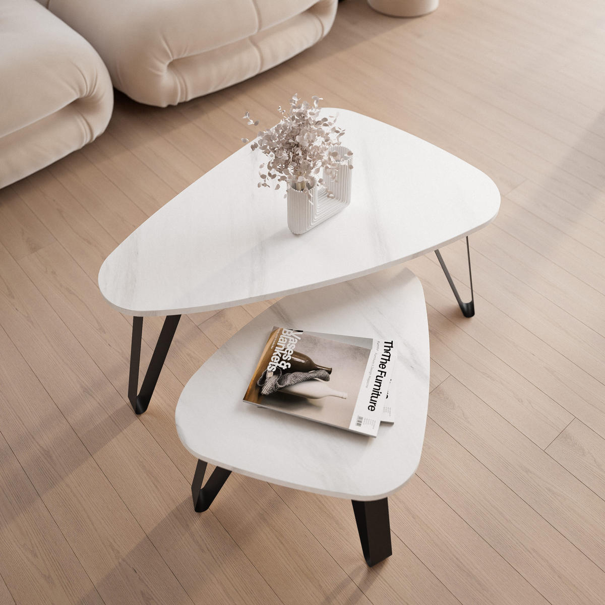 SATZTISCH NOA Stahlgestell, Freiform, Schwarz / Bianco Marmor - Schwarz/Weiß, Holzwerkstoff (94/60/42cm) - Idohome