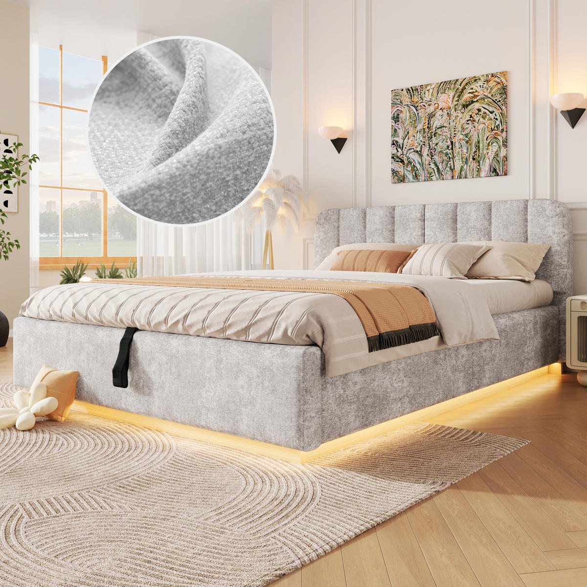 ČALOUNĚNÁ POSTEL 140x200cm Úložná LED Žinylka Světlešedá - šedá, kompozitní dřevo (140/200cm) - FLIEKS