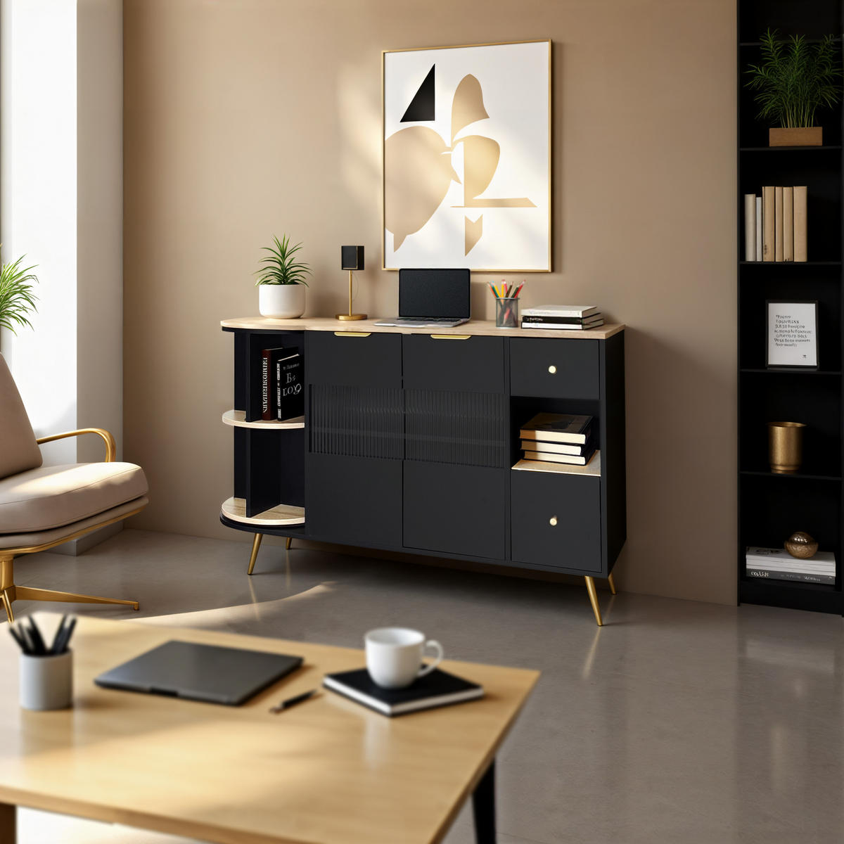 SIDEBOARD mit Kunst-Rattan-Türen und goldenen Details, 130/40/80cm - Schwarz, Holzwerkstoff (130/80/40cm) - Urban Meuble