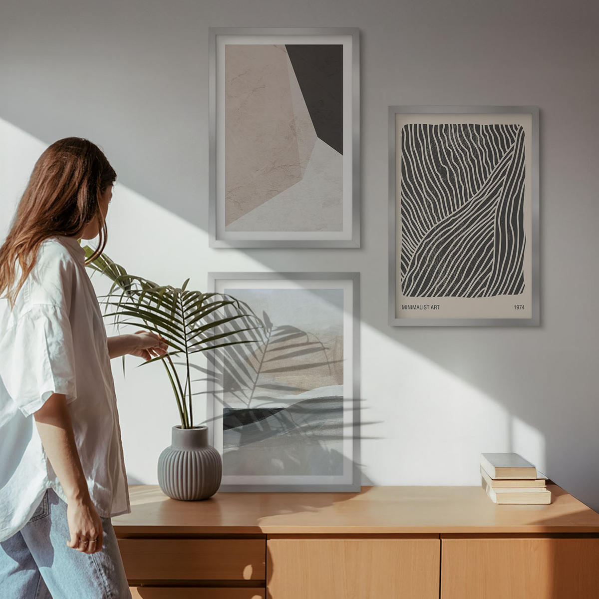 BILDER SET 3er Set - 40x60 cm Silberner Rahmen - Abstrakte Muster in Beige und Grau - Silberfarben, Kunststoff (40/60cm) - TULUP