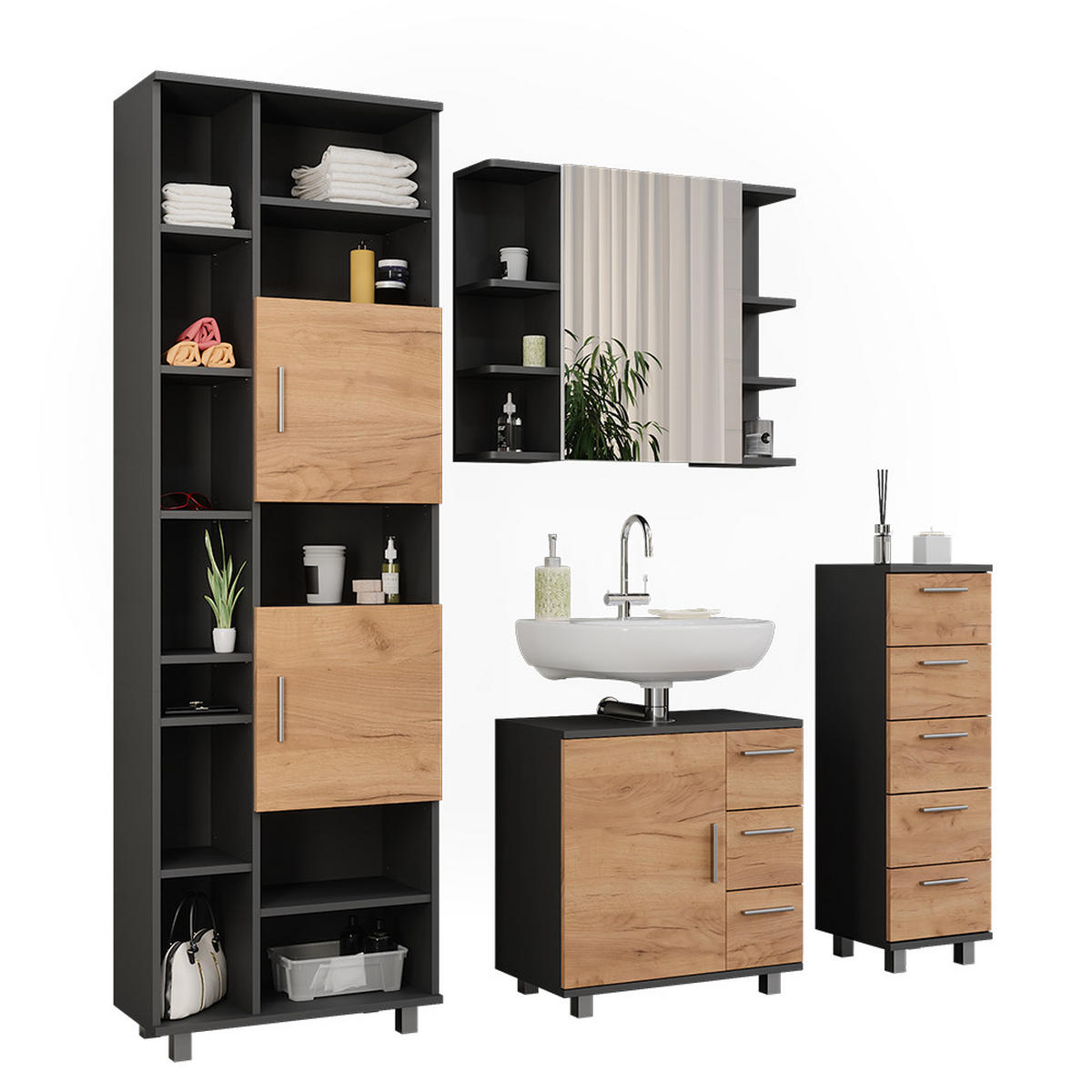 BADMÖBEL-SET Ilias Anthrazit/Goldkraft Eiche 4 Teile, mit Hochschrank und Midischrank - Honigeiche/Anthrazit, Holzwerkstoff (60.2/60.8/33cm) - Vicco