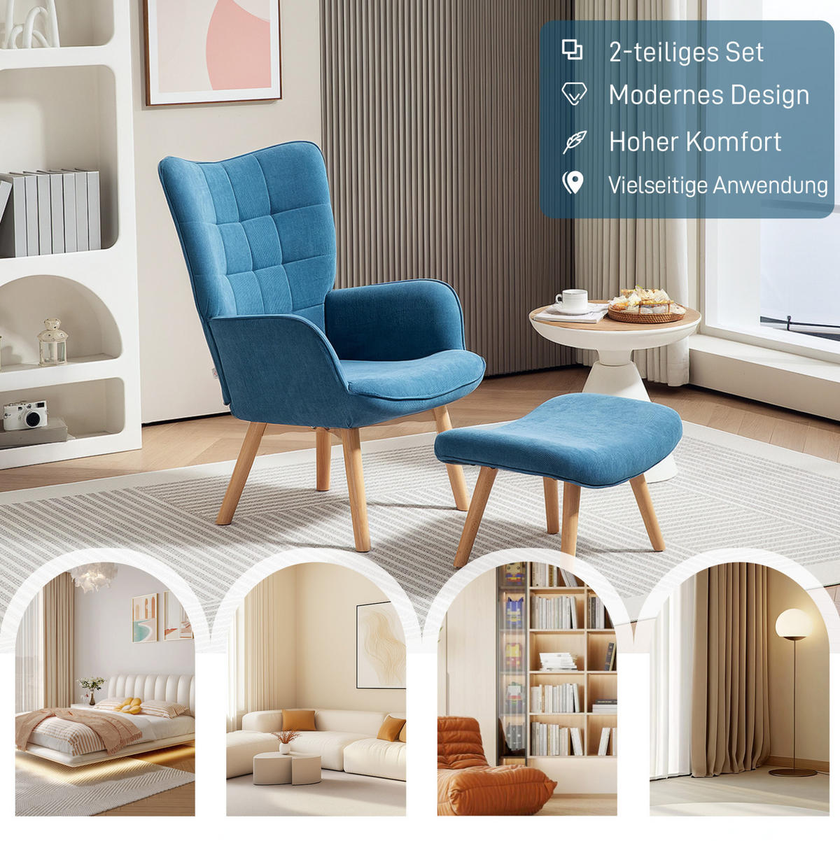 SESSEL-SET 72/80/101 cm in Blau mit Hocker und Cord-Optik - Blau, Textil (72/101/80cm) - BEAOK