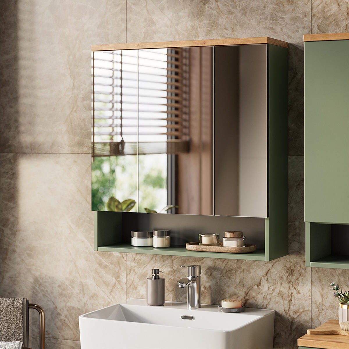 BADSPIEGELSCHRANK Eden Grün/Artisan 70 x 77.5 cm mit 3 Spiegeltüren - Hellgrau/Grün, Holzwerkstoff (70/77.5/21.7cm) - Vicco