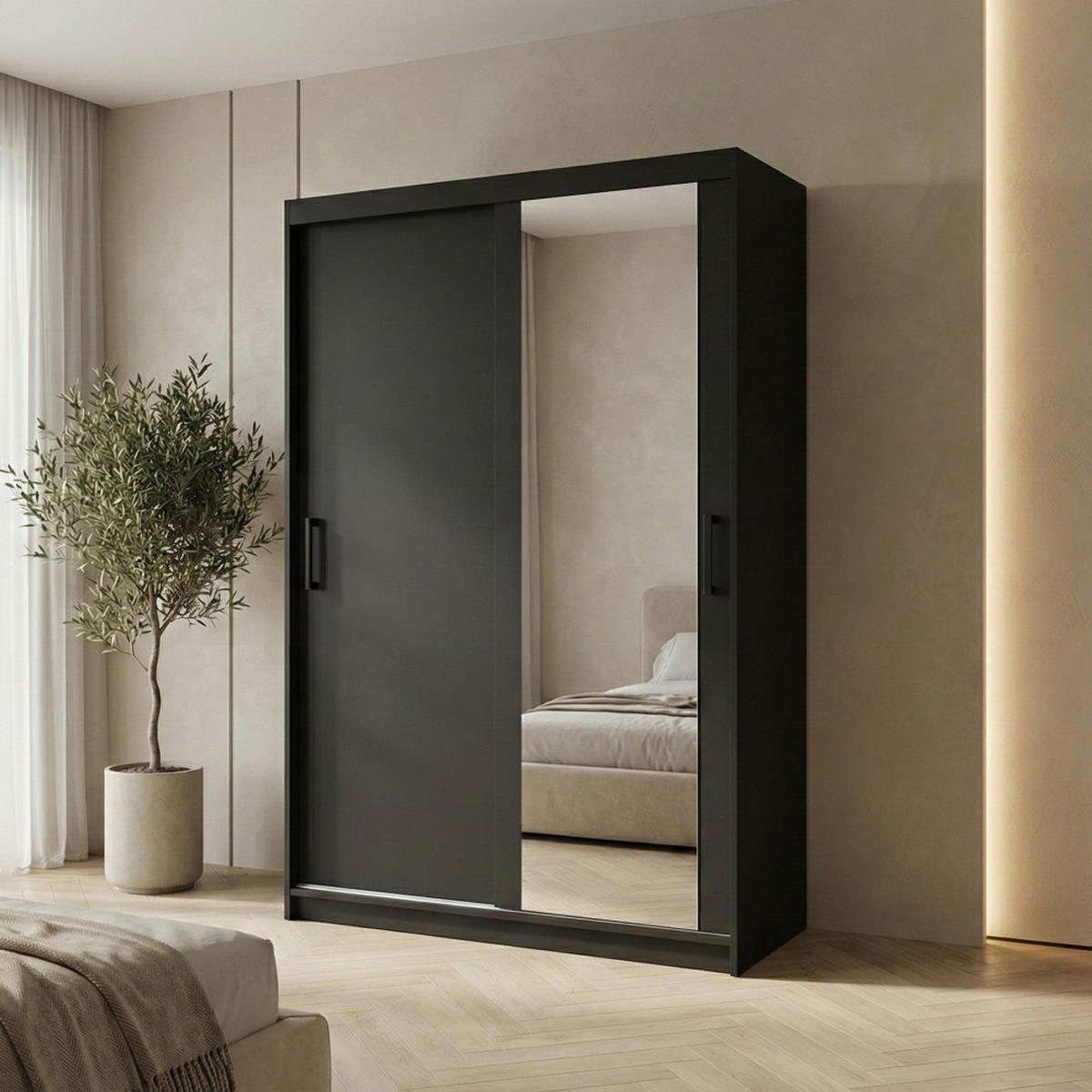 SCHWEBETÜRENSCHRANK Hela 100/205/60 2-türig schwarz mit Spiegel - Schwarz, Holzwerkstoff (100/205/60cm) - Beautysofa