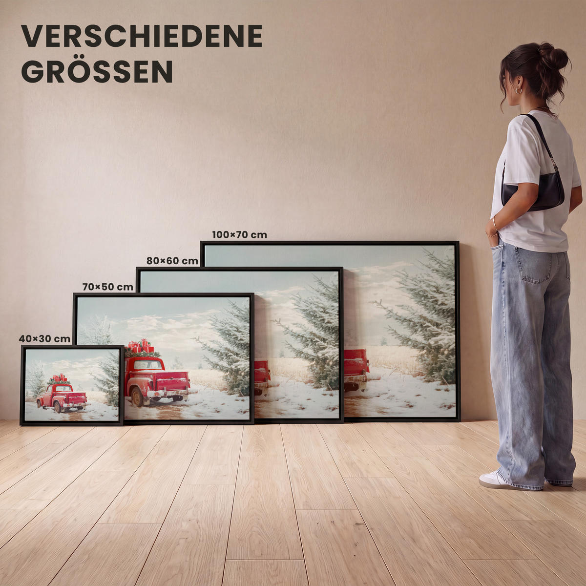 LEINWAND Bilder mit Rahmen - Auto - Rot - Geschenke - Winter - Schnee - Weihnachten - 100x70 - Rot, Textil (100/70cm) - MuchoWow
