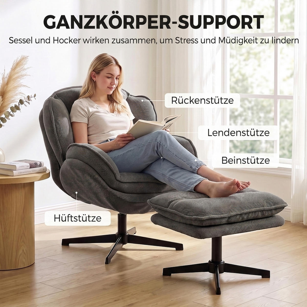 RELAXSESSEL-MIT-HOCKER Polyester Grau - Schwarz/Grau, Textil/Metall (74/85/86cm) - HOMCOM