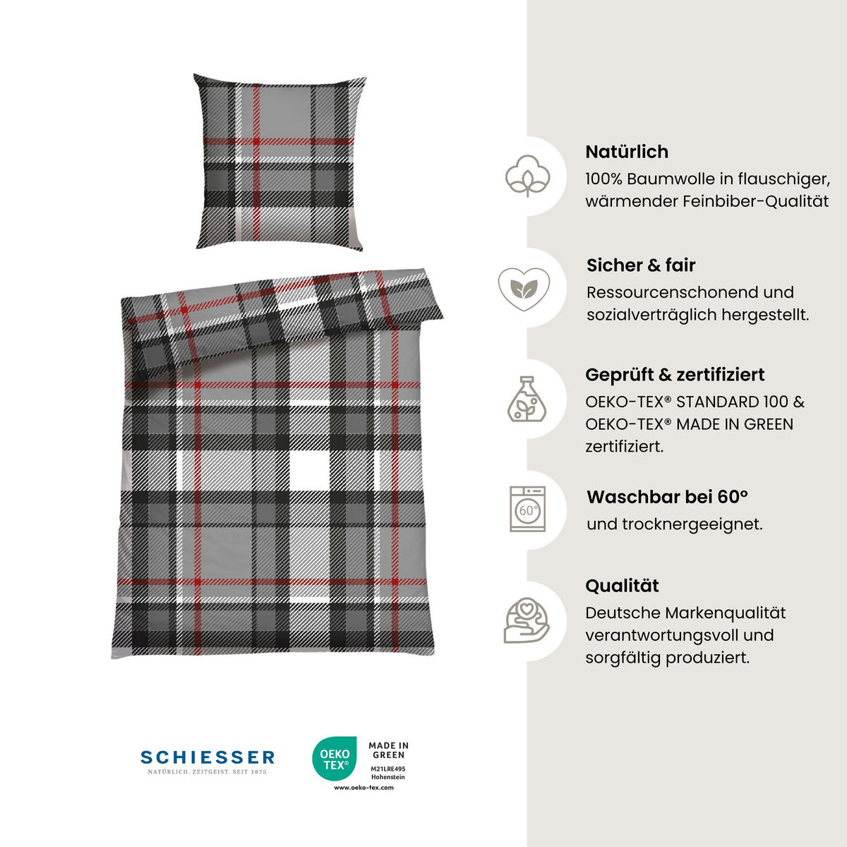 BETTWÄSCHESET Talisa - Feinbiber - 2-teilig - 155 x 220 cm - Grau - Grau, Textil (155/220cm) - SCHIESSER