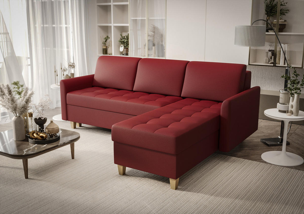 ECKSOFA KONGO RBN08, Eckcouch in L-Form mit Schlaffunktion, Farbe: Rot, Kunstleder, Ottomane Rechts - Rot, Textil (240/180cm) - O-Sofa