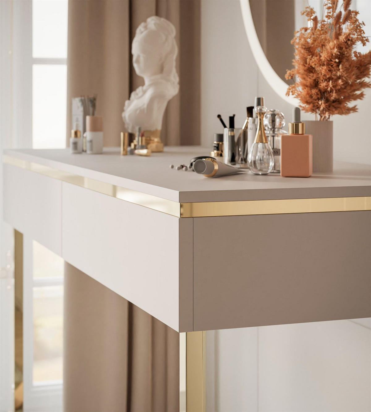 SCHMINKTISCH AURORA GOLD KASCHMIR Schminktisch auf einem goldenen Gestell mit Spiegel - Kaschmir, Holzwerkstoff (102/79/44cm) - Lookway