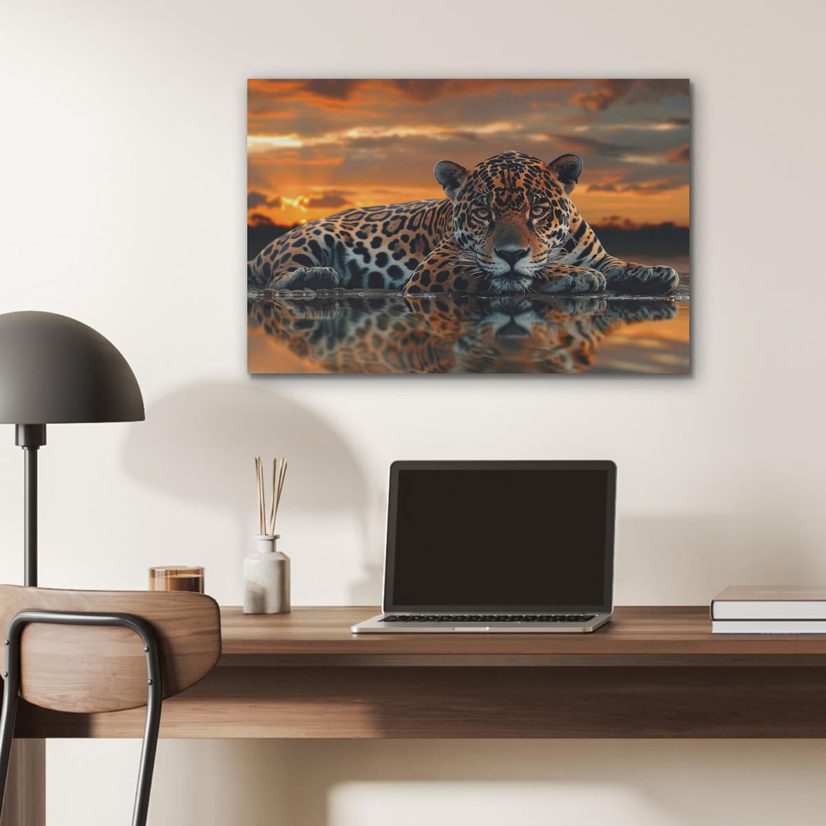 AKUSTIKBILD Natur - Leopard - Tier - Sonnenuntergang - Modern Wanddeko 70x50 cm - Orange, Kunststoff (70/50/0.9cm) - MuchoWow