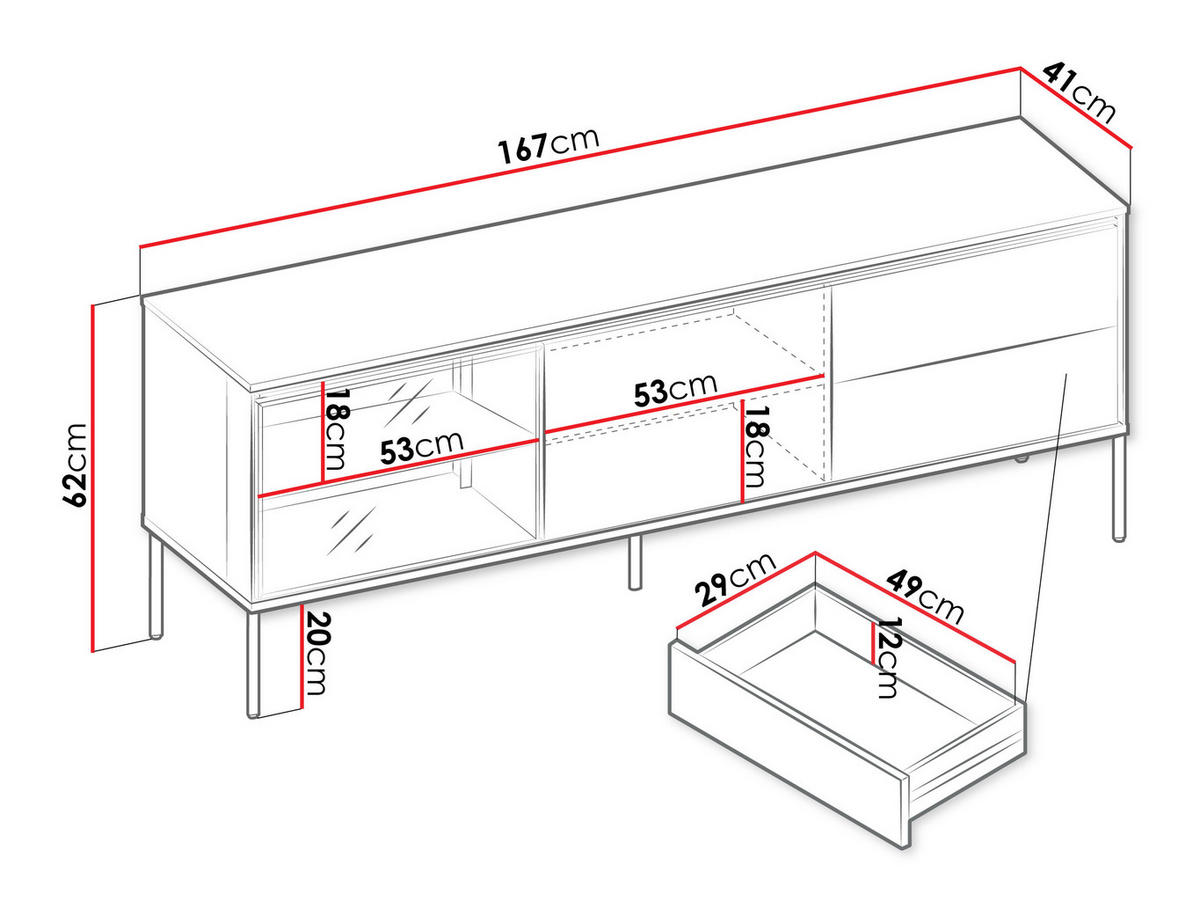 TV-LOWBOARD 1D1W2S 167 Visso VI-07 - Eichefarben/Schwarz, Holzwerkstoff/Metall (167/62/41cm) - MIRJAN24