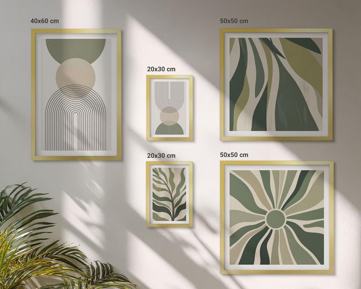 BILDER SET 5er Set - 50x50 cm & 20x30 cm & 40x60 cm Goldrahmen - Bemalte Blätter mit Grün - Goldfarben, Kunststoff (40/60cm) - TULUP