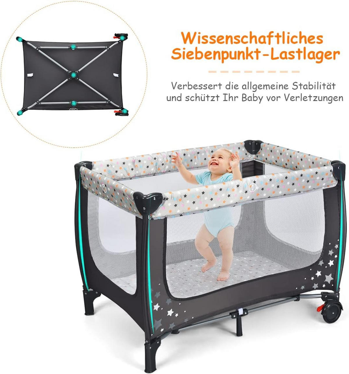 BABYBETT 2 in 1 Reisebett klappbar Grau - Grau, Textil - COSTWAY