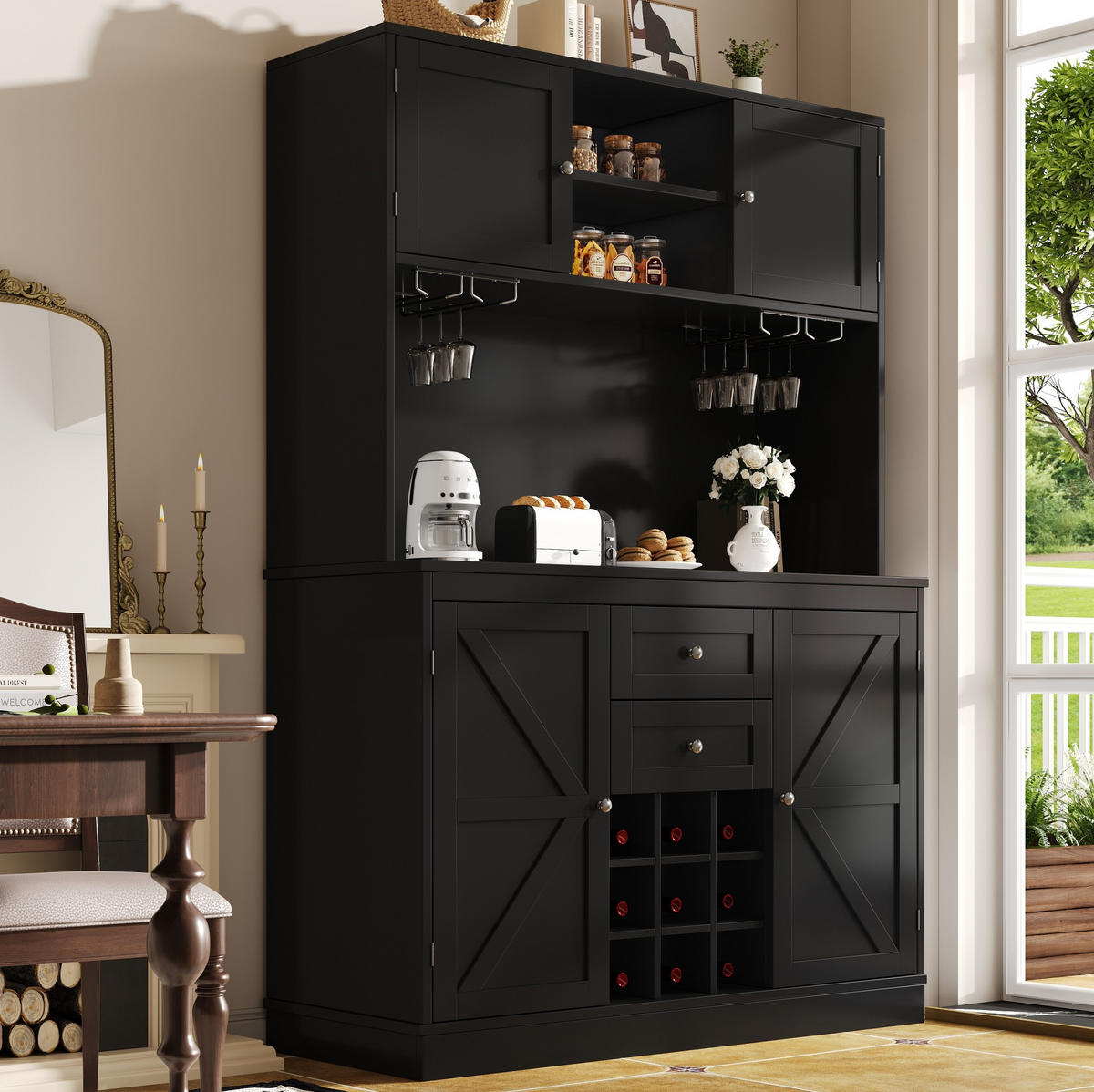 BUFFET 120/40/188 cm aus MDF mit Weinregal und verstellbaren Einlegeböden Schwarz - Schwarz, Holzwerkstoff (120/188/40cm) - Modenvie