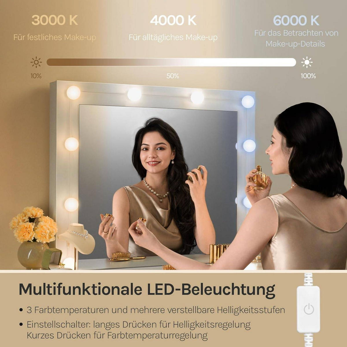 SCHMINKTISCH mit LED-Beleuchtung Weiß - Weiß, Glas/Holzwerkstoff (107/140.5/39.5cm) - Woltu