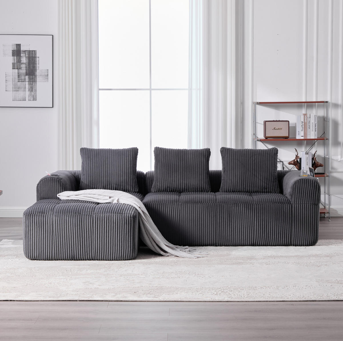 ECKSOFA aus Cord 253x158x61 cm in Dunkelgrau mit Seitenfach & Becherhalter - Dunkelgrau, Textil (158/253cm) - Modfu