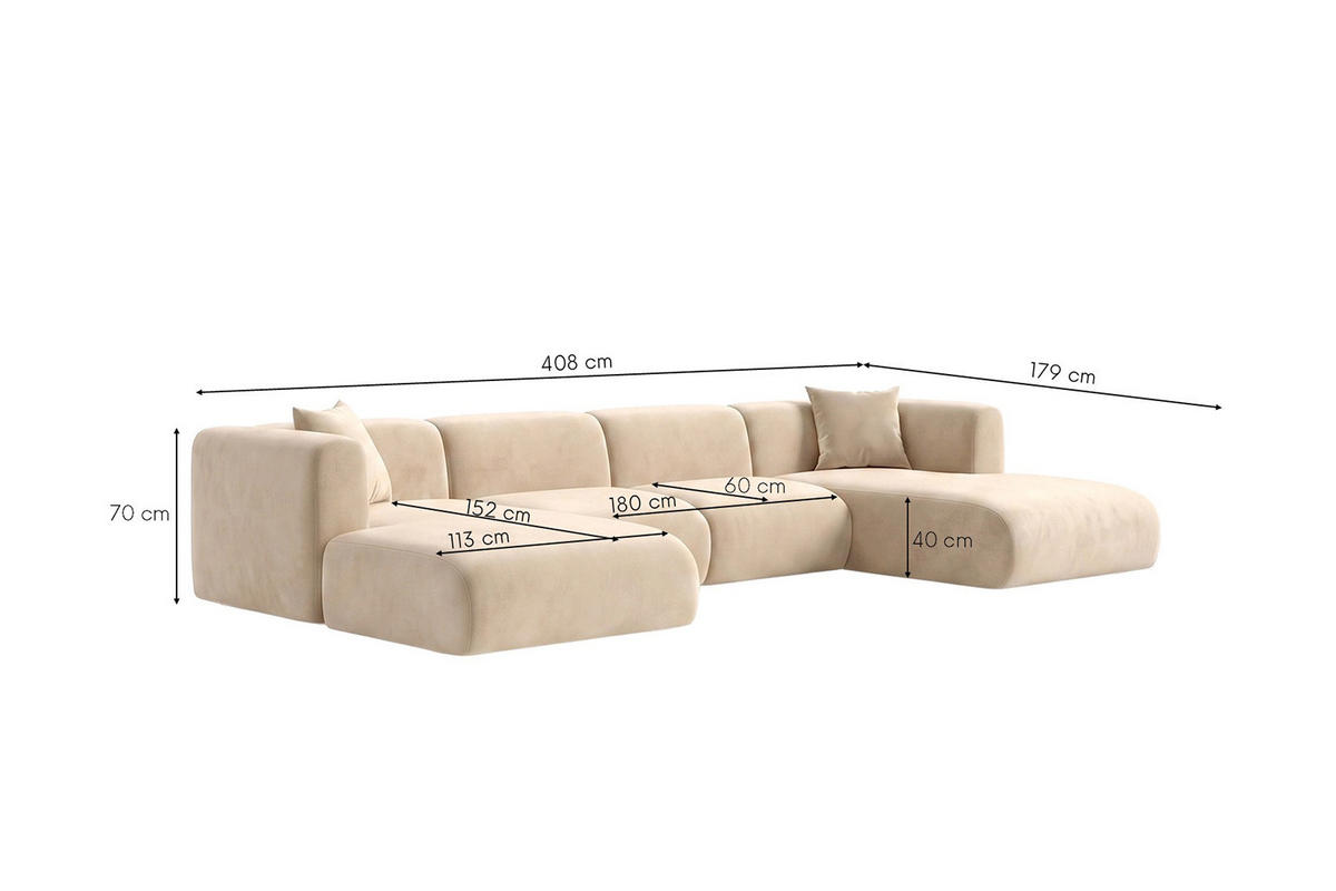 ECKSOFA U-Form, Velvet-Stoff Bluvel, Creme, GRETA - Creme, Holz (408/70/179cm) - Kaiser Möbel