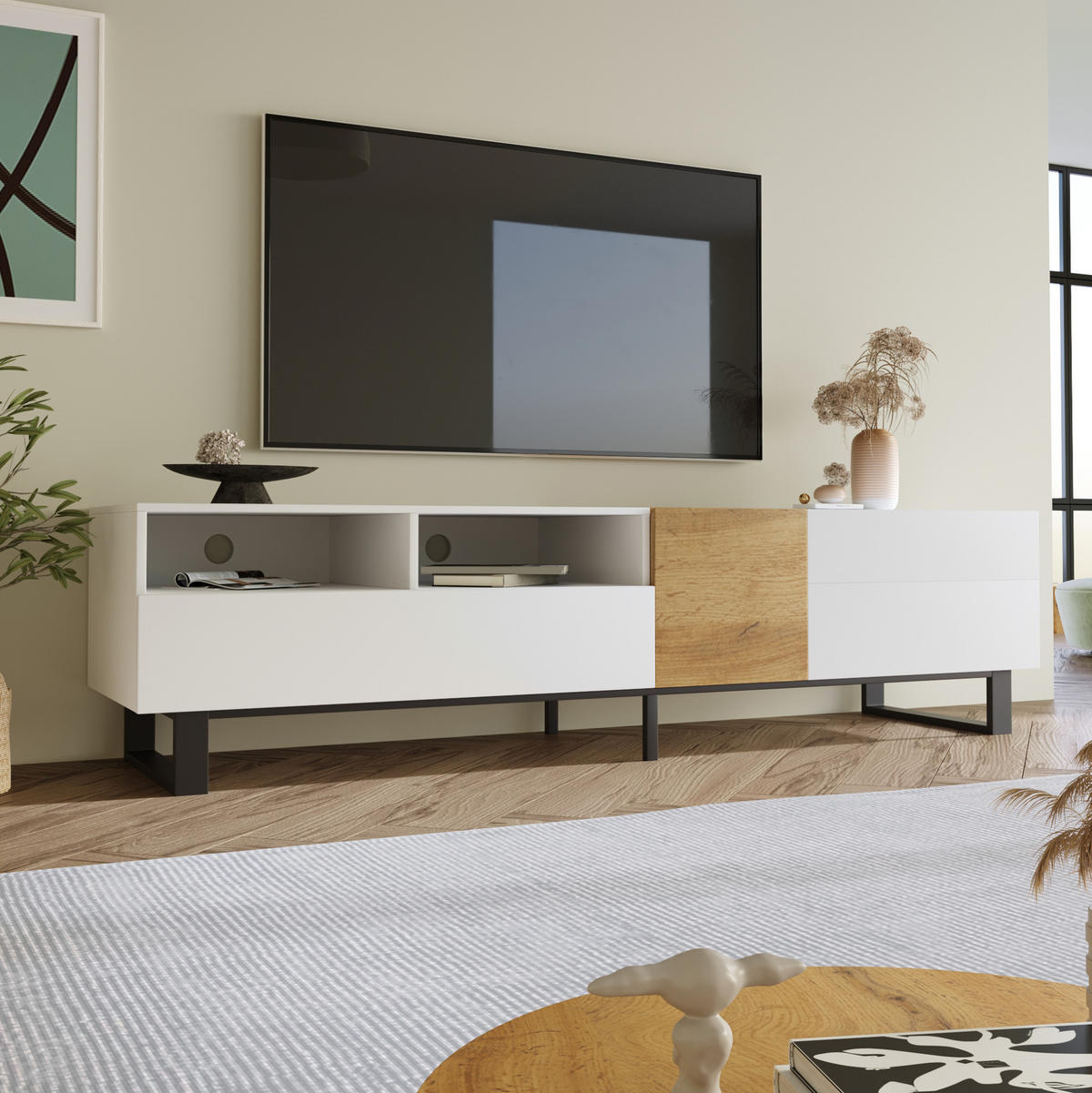 TV-ELEMENT mit Stauraum 180 x 38 x 50 cm MDF Weiß Holzoptik - Weiß, Holzwerkstoff (38/50/180cm) - Beauniv