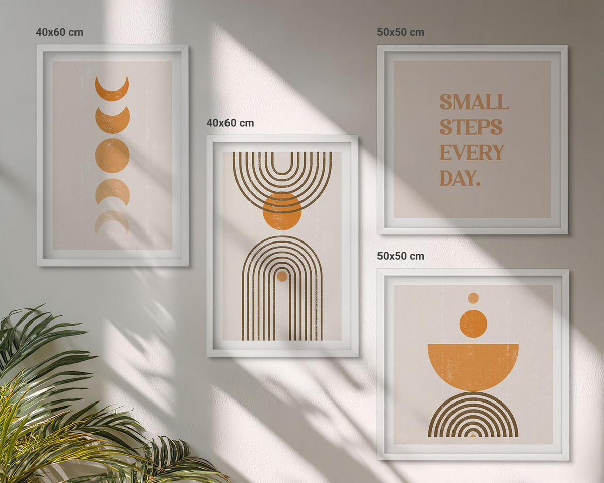 WANDBILDER 4er-Set - 50x50 cm & 40x60 cm Weißer Rahmen - Minimalistische Boho-Muster - Weiß, Kunststoff (50/50cm) - ArtPrintCave