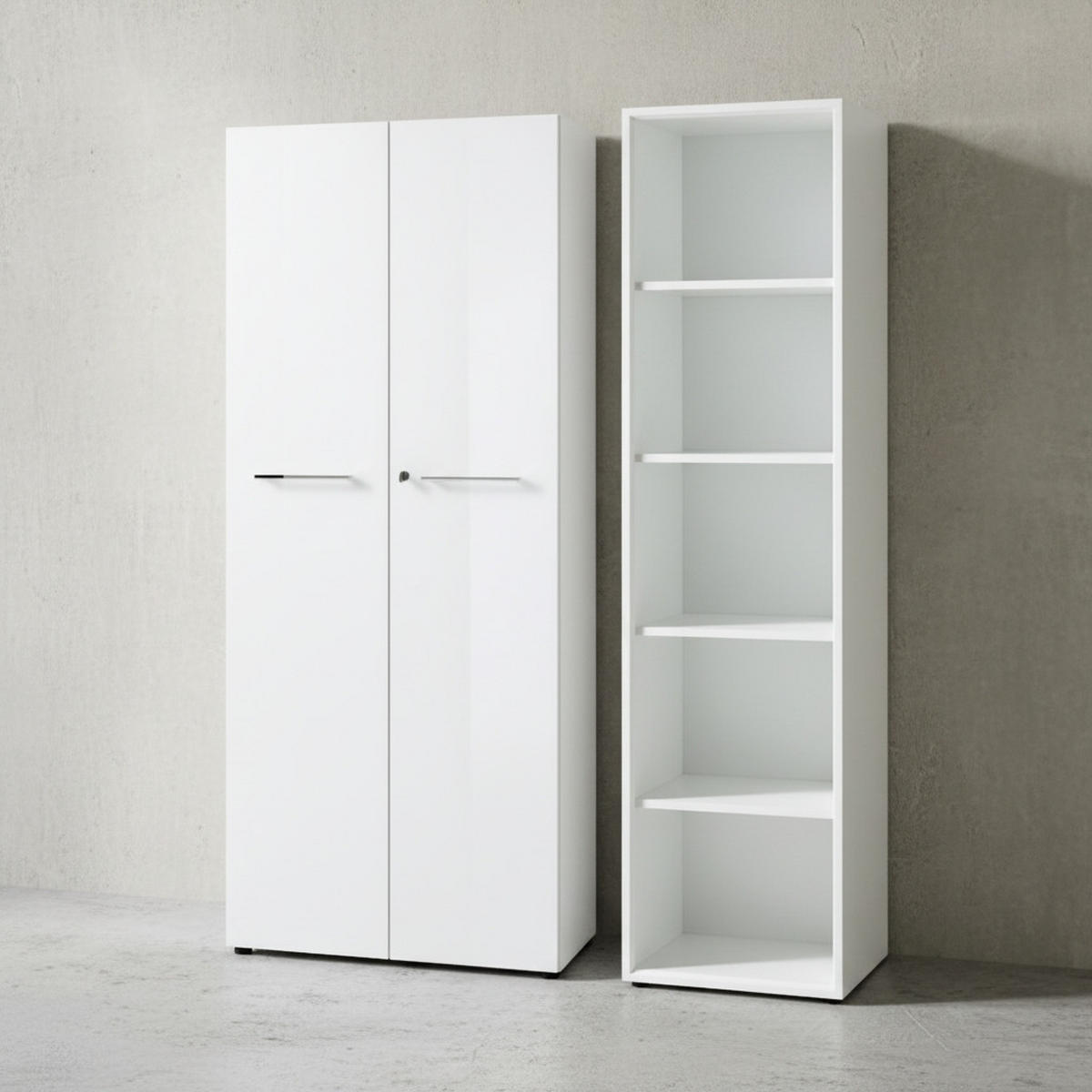BÜRO-SET MUENCHEN 2-teilig Weiß | Schrank & Regal 5 OH | Glas Front & Abschließbar - Weiß, Holzwerkstoff/Metall (145/196/37cm) - KADIMA DESIGN
