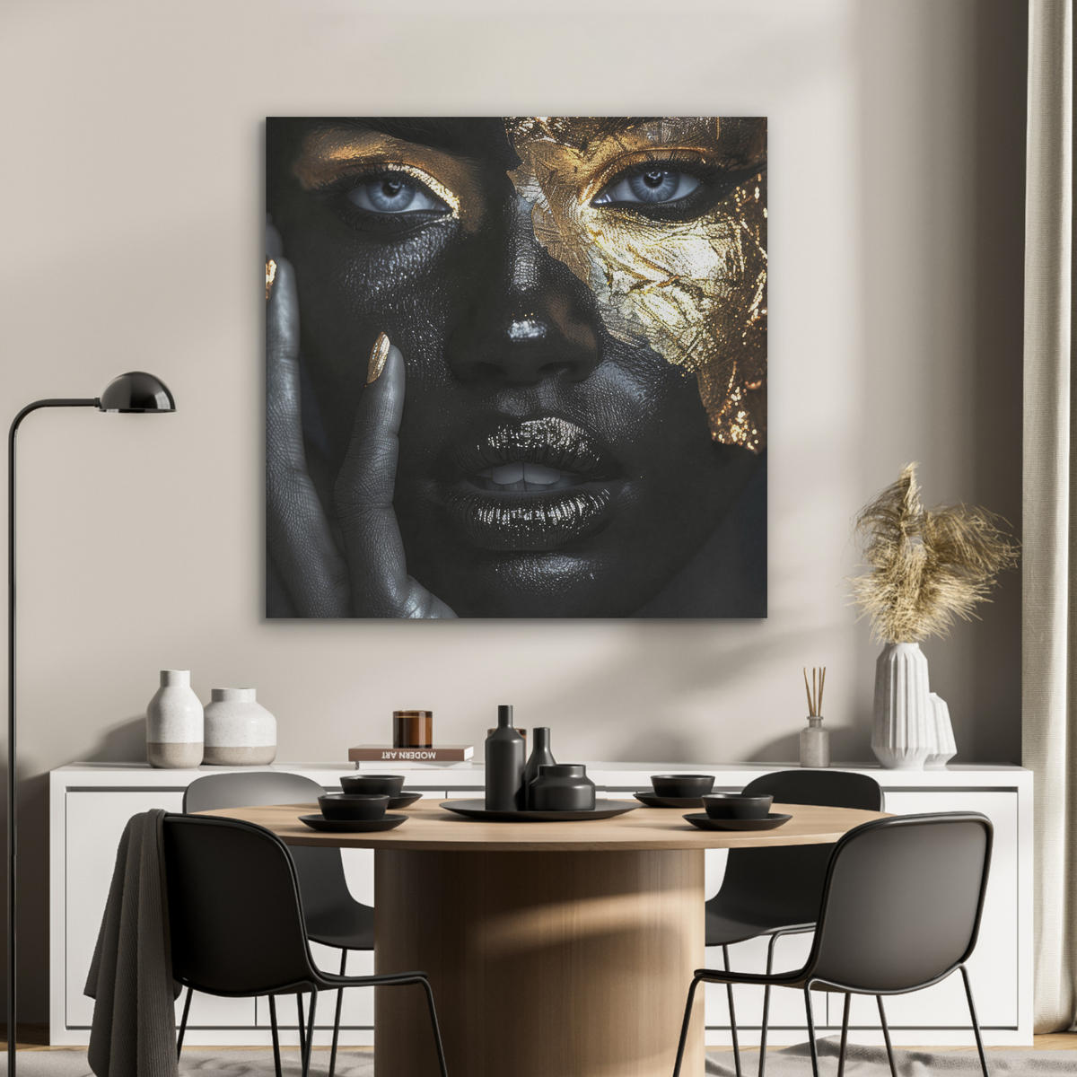 AKUSTIKPANEEL Frau - Gold - Porträt - Schwarz-Weiß - Luxus 90x90 cm - Hellblau, Textil (90/0.9/90cm) - MuchoWow