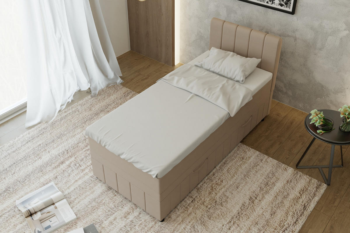 BOXBETT AVALON 90 x 200 cm mit Bettkasten und Topper - Beige - Beige, Holz - Panda Möbel