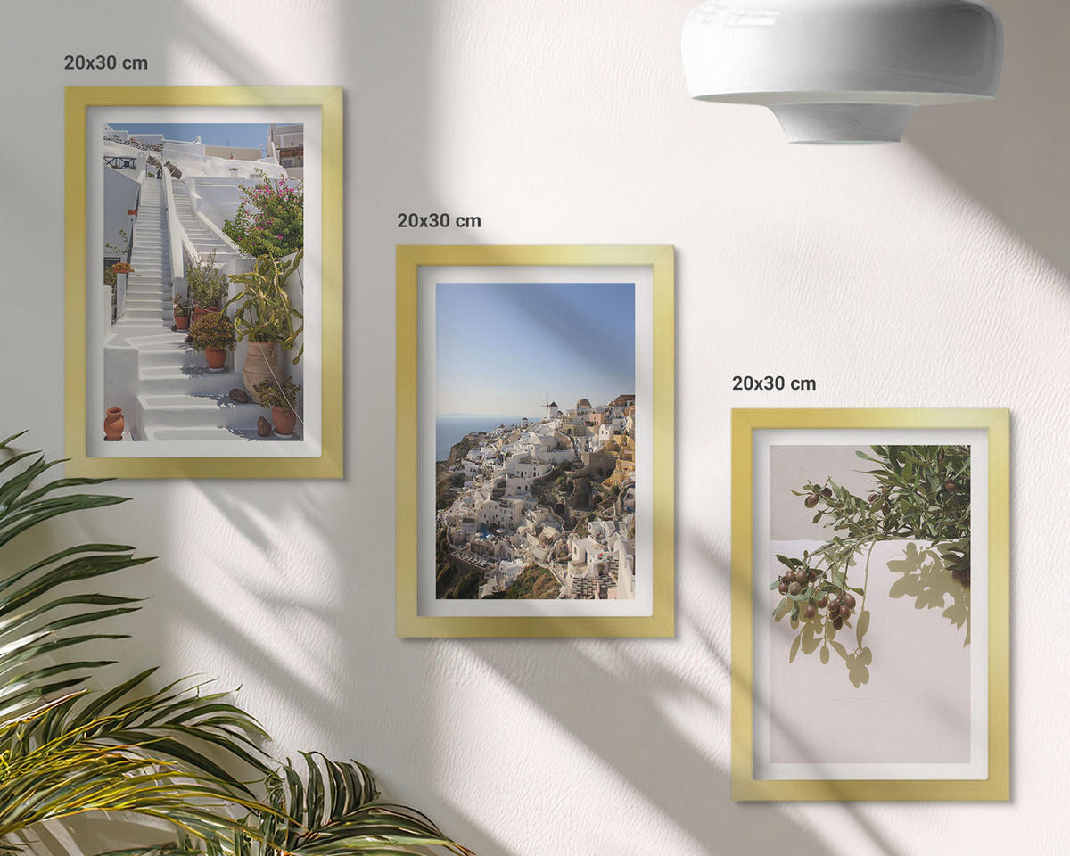 BILDER SET 3er Set - 20x30 cm Goldrahmen - Weiße Treppe mit Blick auf Santorini - Goldfarben, Kunststoff (20/30cm) - TULUP