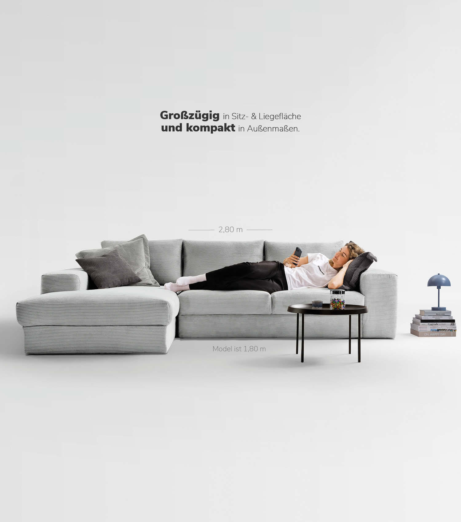 ECKSOFA Der Klassiker Recamiere links - Grau, Textil (280/190cm) - Mokebo