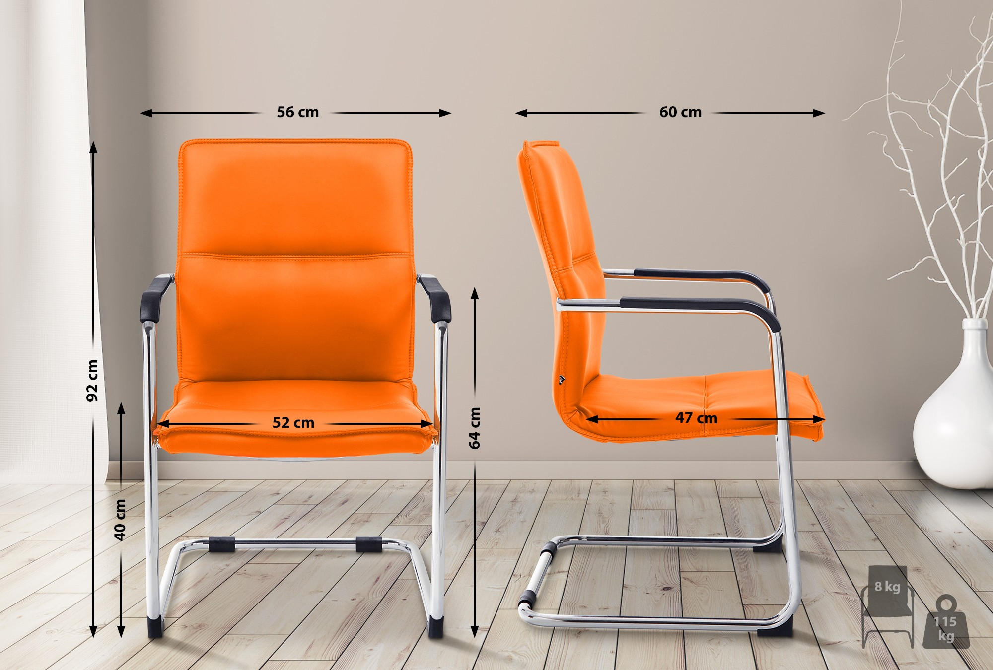 BESUCHERSTUHL SEATTLE 92x56x60 cm Orange Kunstleder - Orange, Leder/Metall (56/92/60cm) - DELUKE