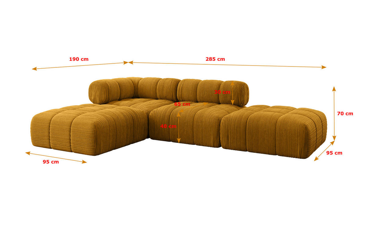 ECKSOFA modulares Sofa Kerru-L1 - 285x190x70 cm Senfgelb Cord - Currygelb, Holzwerkstoff/Textil (285/190cm) - ALTDECOR