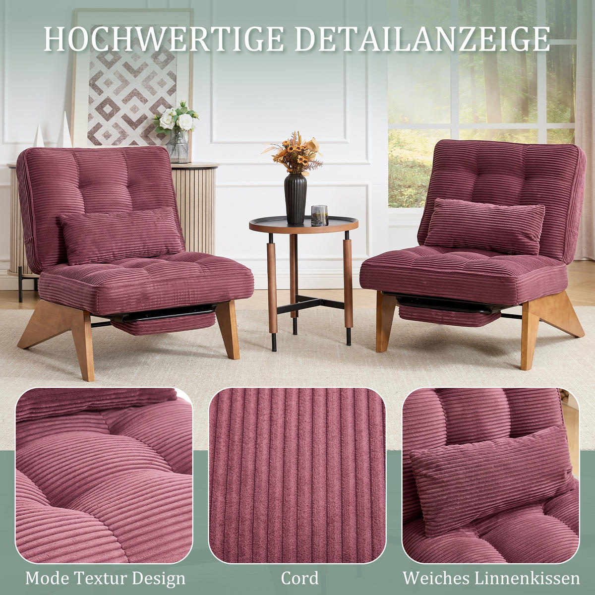 SCHAUKELSTUHL Rotwein Cord mit Fußstütze, Lendenkissen und Holzbeinen - Weinrot, Textil (73/90/127cm) - Oxeza
