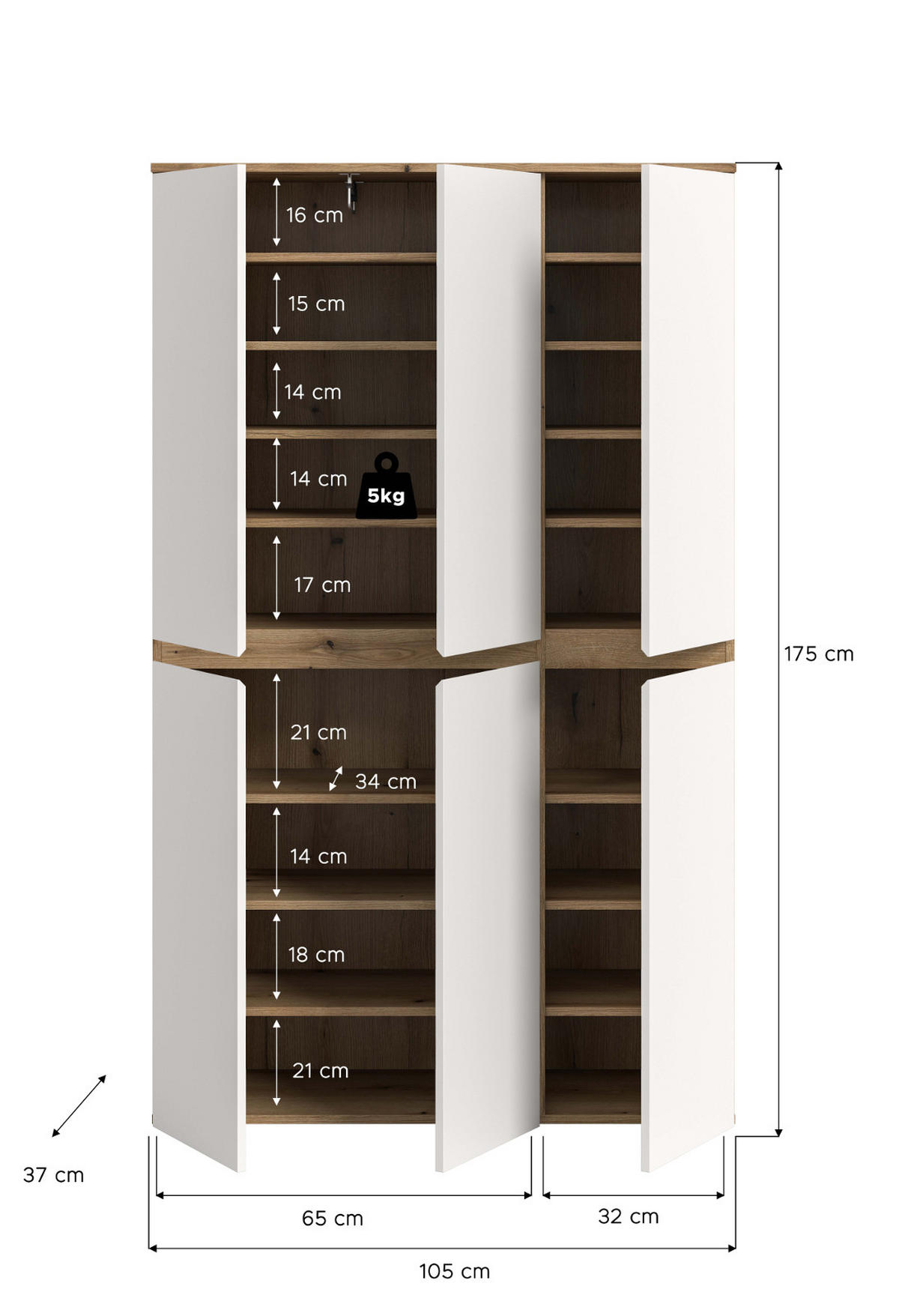 MEHRZWECKSCHRANK weiß, Evoke Eiche 105 x 175 cm, Stauraumschrank 6-türig mit 18 Fächern - Eichefarben/Schwarz, Holzwerkstoff/Kunststoff (105/175/37cm) - Inn.Furn