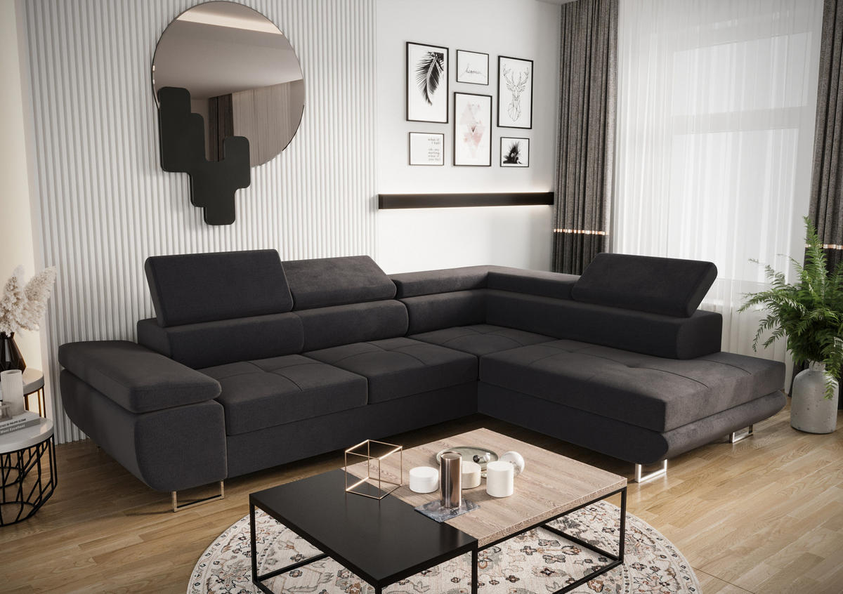 ECKSOFA PRAGA DESIGN L, Eckcouch in L-Form mit Schlaffunktion, Farbe: Dunkelgrau, Velourstoff, Ottomane Universal - Dunkelgrau, Textil (275/202cm) - O-Sofa