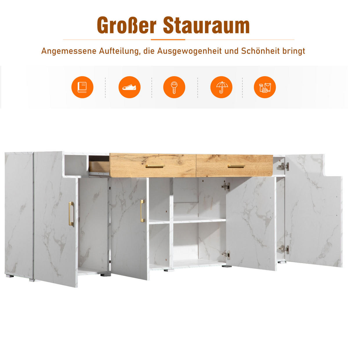 SIDEBOARD 208/39.5/80 cm Weiß aus Holzwerkstoff mit 4 Türen und 2 Schubkästen - Weiß, Holzwerkstoff (39.5/80/208cm) - OKMYHOME