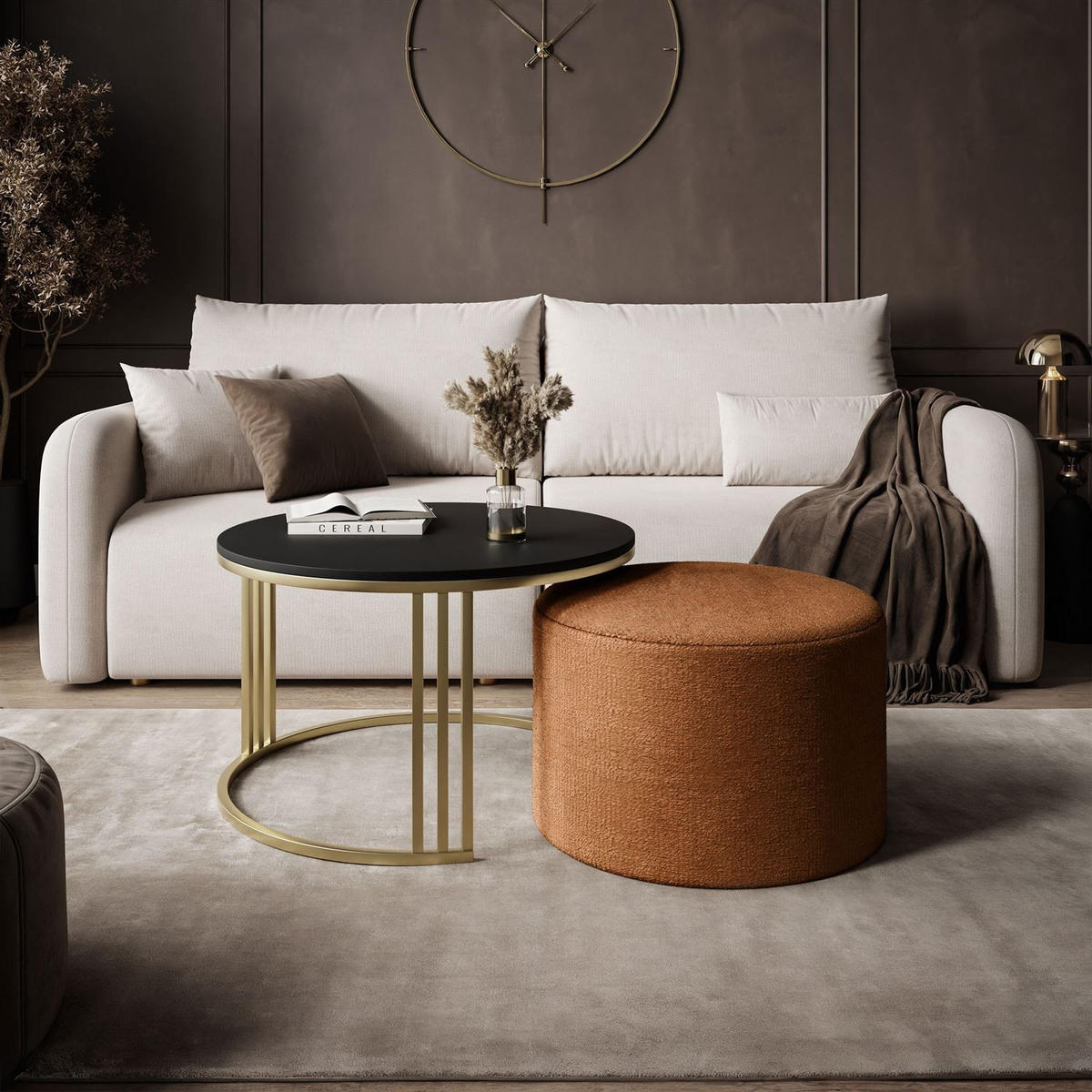 COUCHTISCH mit Hocker LORI MAT gebürstetes Gold/schwarz matt/Perfect Harmony 52 - Schwarz, Metall (70/70/49cm) - Lookway