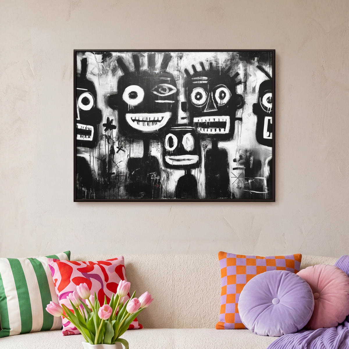 LEINWAND Bilder mit Rahmen - Malerei - Figuren - Schwarz - Abstrakt - 80x60 - Schwarz, Textil (80/60cm) - MuchoWow