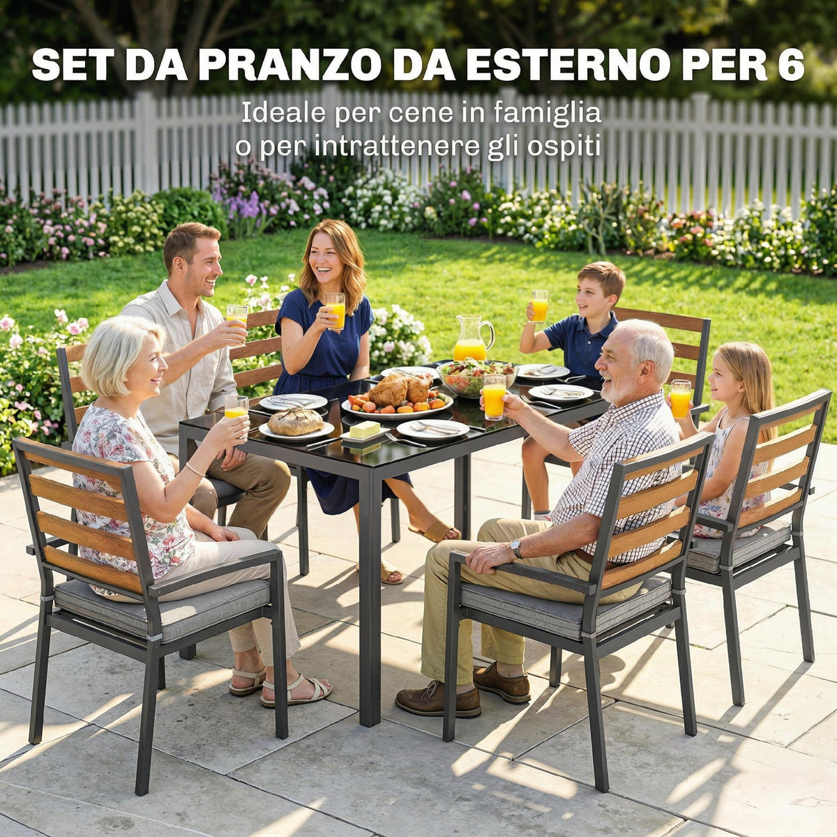GARTEN-ESSSET 7-teilig,Tisch+Stühle für 6 Personen,schwarz - Grau, Metall - Vallsero